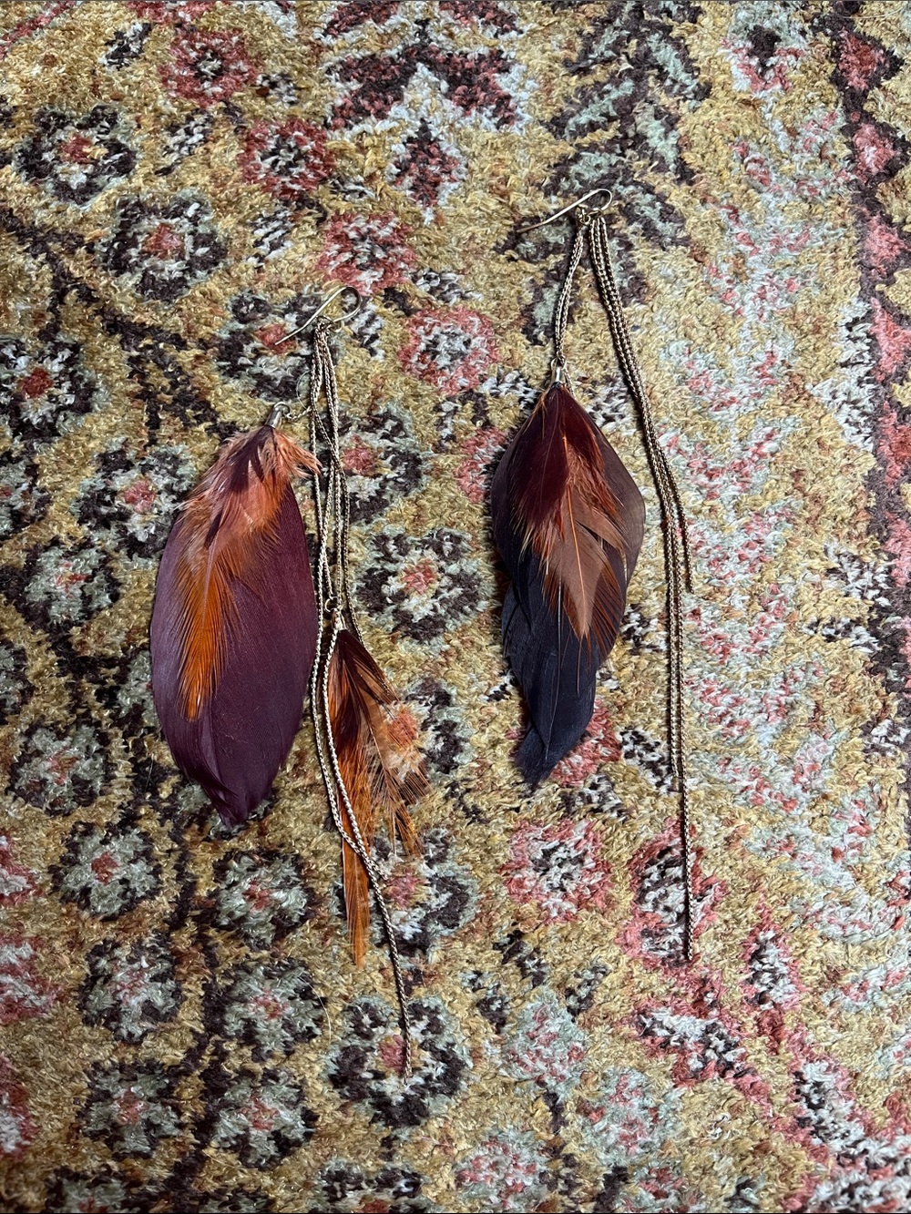Gold dangle + brown feather earrings